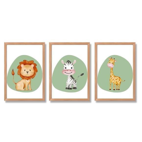 Kit 3 Quadros Infantil para Quarto Safari Aquarela 23x33