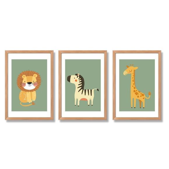 Kit 3 Quadros Infantil para Quarto Safari Minimalista 23x33