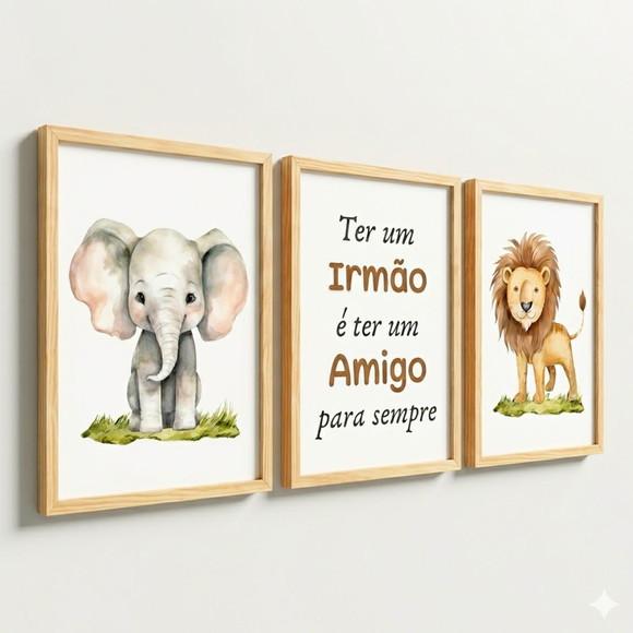 Kit 3 Quadros Infantil Quarto Compartilhado Irmãos Safari