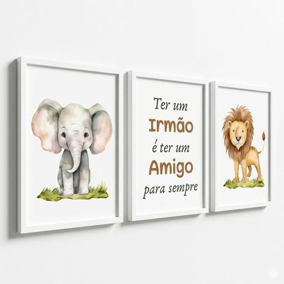 Kit 3 Quadros Infantil Quarto Compartilhado Irmãos Safari