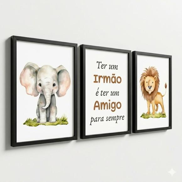 Kit 3 Quadros Infantil Quarto Compartilhado Irmãos Safari
