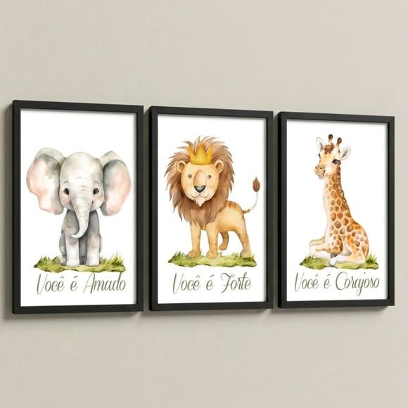 Kit 3 Quadros Infantil Safari Seja Forte Moldura com Vidro