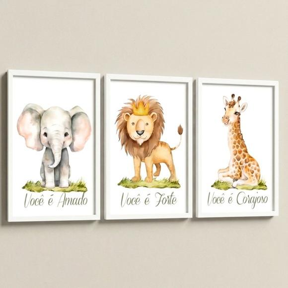 Kit 3 Quadros Infantil Safari Seja Forte Moldura com Vidro