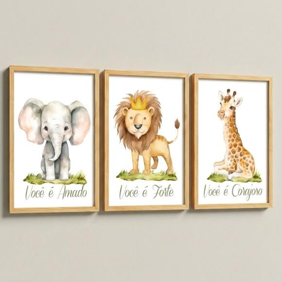 Kit 3 Quadros Infantil Safari Seja Forte Moldura com Vidro