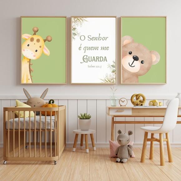 Kit 3 Quadros Infantil Versículo Safari Aquarela com Vidro
