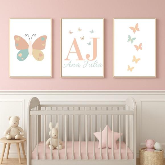 Kit 3 Quadros Menina Quarto Infantil Decoração Fofa 33x23 cm