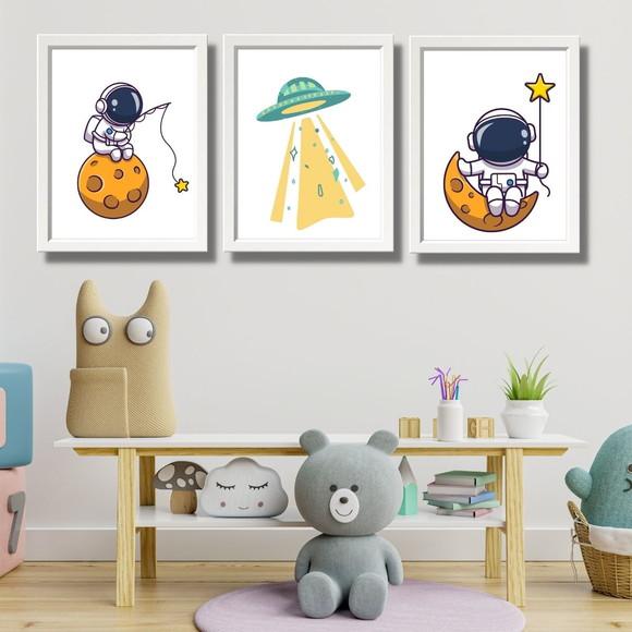 Kit 3 Quadros para Quarto de Menino Astronauta Espaço 33x43