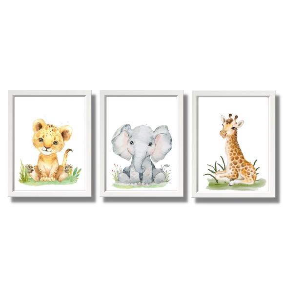 Kit 3 Quadros Tema Safari Moldura Branca com Vidro 23x33cm