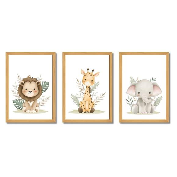 Kit 3 Quadros Safari para Quarto de Bebê Infantil |com Vidro