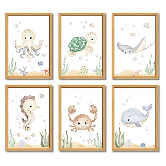 Kit 6 Quadros para Quarto Infantil | Fundo do Mar Aquarela