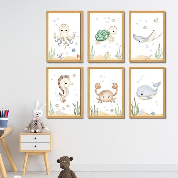 Kit 6 Quadros para Quarto Infantil | Fundo do Mar Aquarela