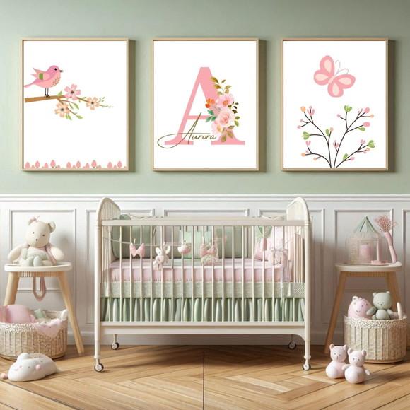 Kit de Quadros para Quarto de Menina Jardim Borboleta Nome