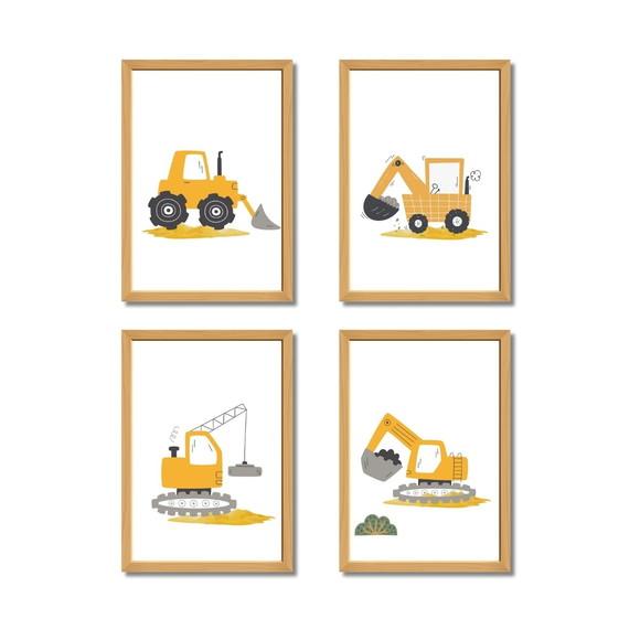Kit de Quadros Trator Amarelo | Tema Construção | com Vidro
