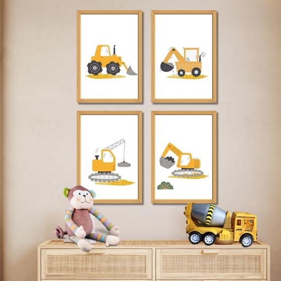 Kit de Quadros Trator Amarelo | Tema Construção | com Vidro