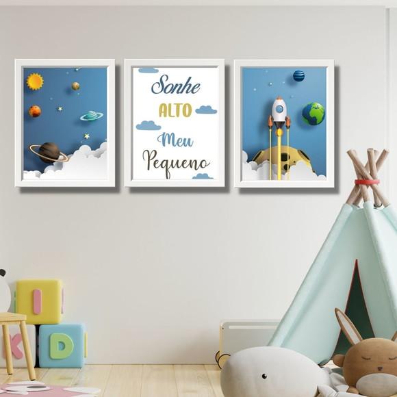 Kit Quadrinhos Astronauta com Frase Moldura Branca 20x30 cm