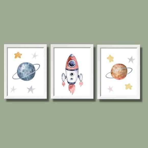 Kit Quadrinhos Astronauta Moldura Branca com Vidro 20x30 cm