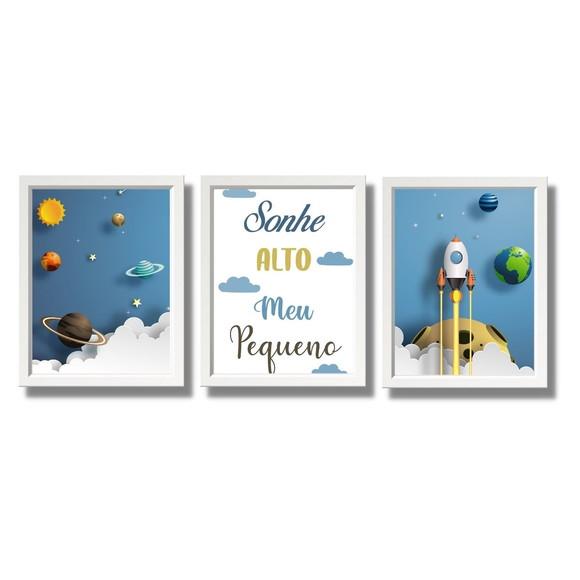 Kit Quadrinhos Astronauta com Frase Moldura Branca 20x30 cm