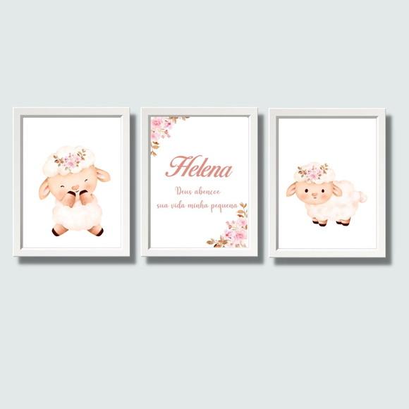 Kit Quadrinhos Ovelinha Quarto de Bebe com Nome 20x30 cm