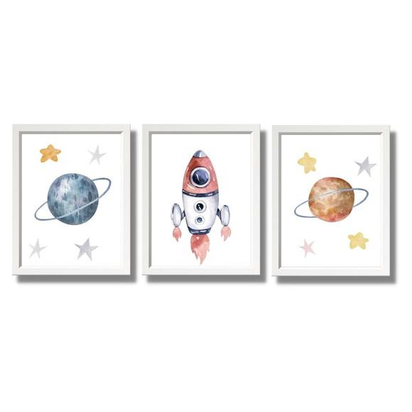Kit Quadrinhos Astronauta Moldura Branca com Vidro 20x30 cm