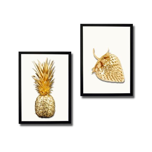 Kit Quadrinhos Decorativo Cozinha Bacaxi Maça Dourada 20x30