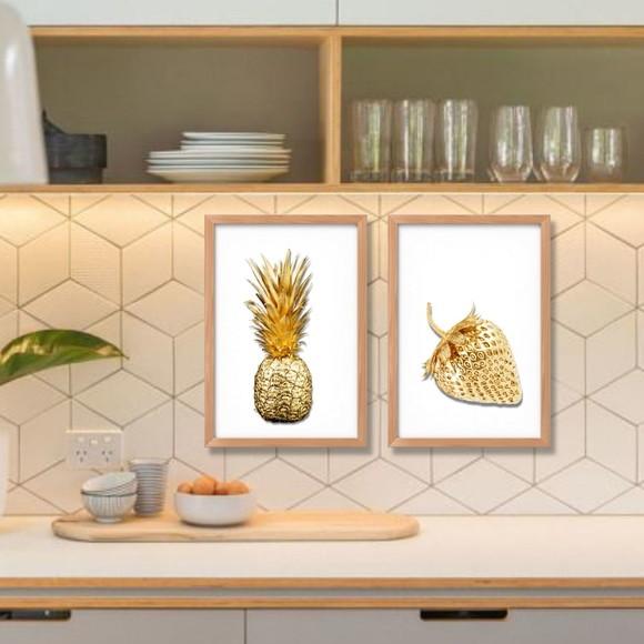 Kit Quadrinhos Decorativo Cozinha Bacaxi Maça Dourada 20x30