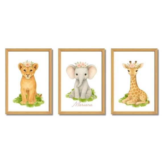 Kit Quadrinhos para Quarto de Menina Safari Animais com Flor