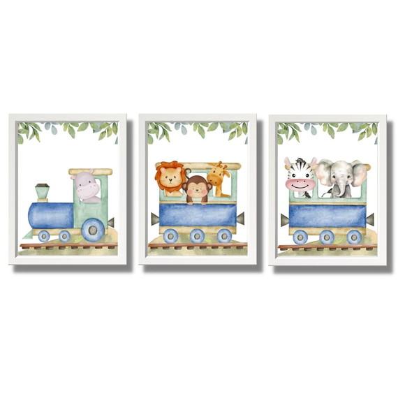 Kit Quadro Animais Safari Leão Aquarela Trenzinho com Vidro