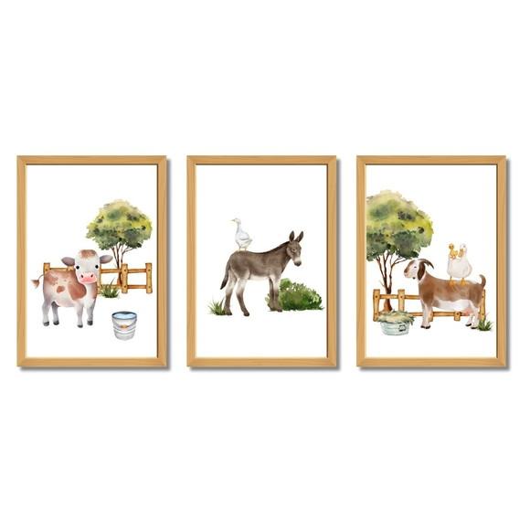 Kit Quadro Animais da Fazenda Aquarela Moderno Bebê 33x43 cm
