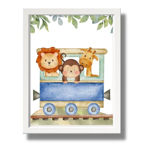 Kit Quadro Animais Safari Leão Aquarela Trenzinho com Vidro