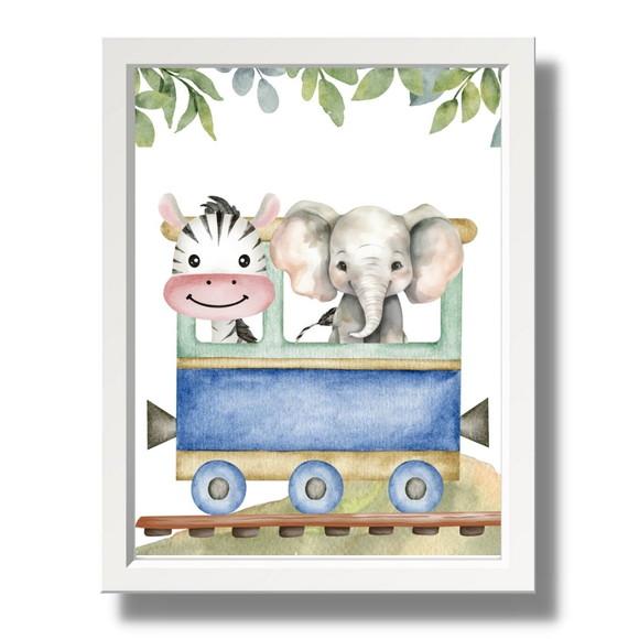 Kit Quadro Animais Safari Leão Aquarela Trenzinho com Vidro