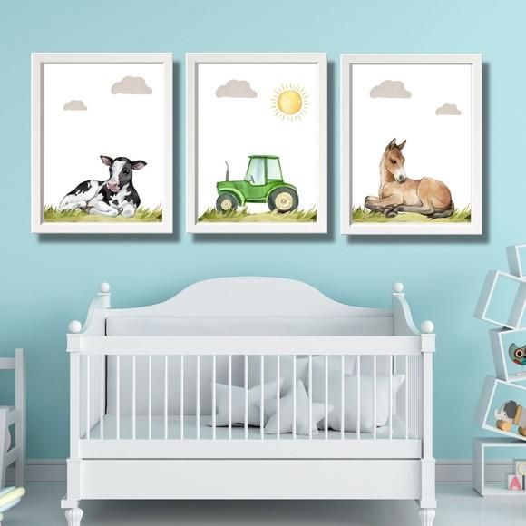 Kit Quadro Cavalo Vaca Trator Quarto Bebe com Vidro 23x33 cm