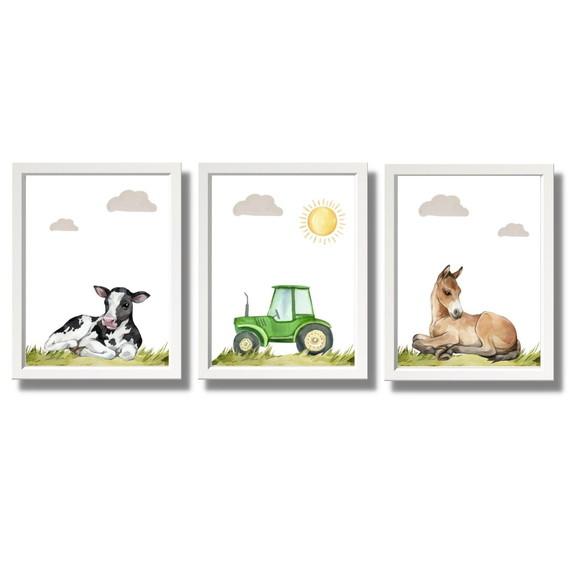 Kit Quadro Cavalo Vaca Trator Quarto Bebe com Vidro 23x33 cm