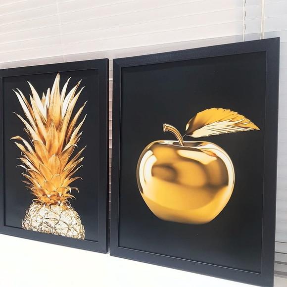 Kit Quadro Decorativo Cozinha Dourado Moldura 33x43 c/ Vidro