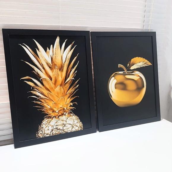 Kit Quadro Decorativo Cozinha Dourado Moldura 33x43 c/ Vidro