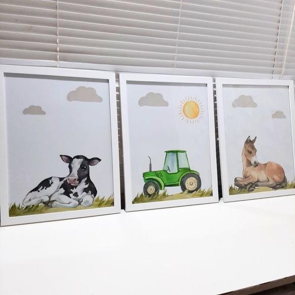 Kit Quadro Decorativo Fazendinha Trator Aquarela 33x43 cm