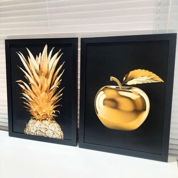 Kit Quadro Decorativo Cozinha Dourado Moldura 33x43 c/ Vidro