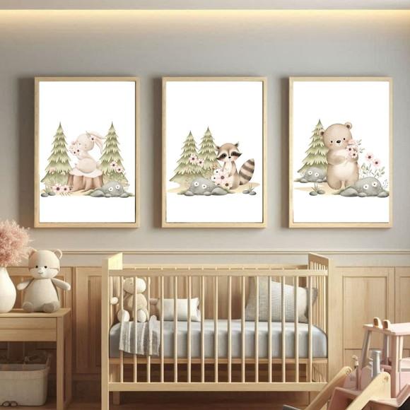 Kit Quadro Decorativo Infantil Animais da Floresta com Vidro