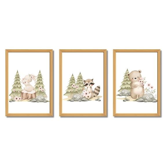 Kit Quadro Decorativo Infantil Animais da Floresta com Vidro