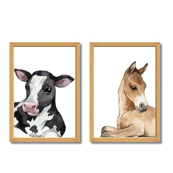 Kit Quadro Decorativo Infantil Vaca Cavalo Aquarela 33x43 cm
