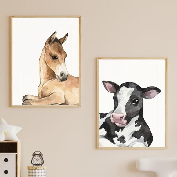 Kit Quadro Decorativo Infantil Vaca Cavalo Aquarela 33x43 cm