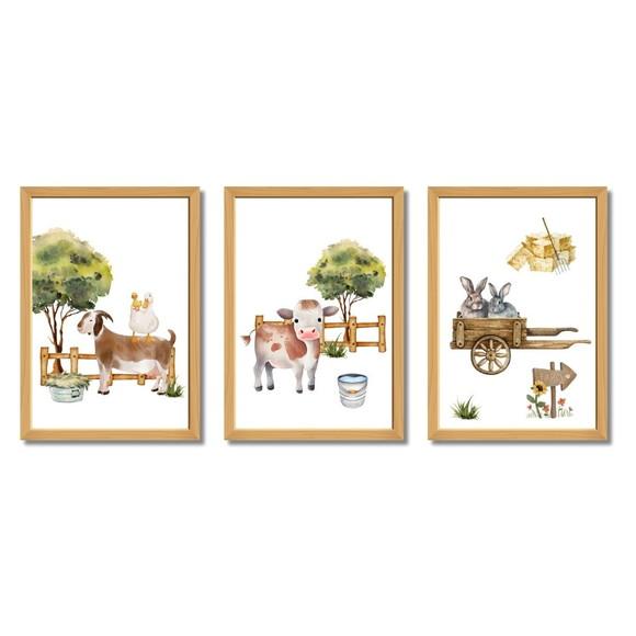 Kit Quadro Fazendinha Infantil Vaquinha Aquarela 23x33 cm