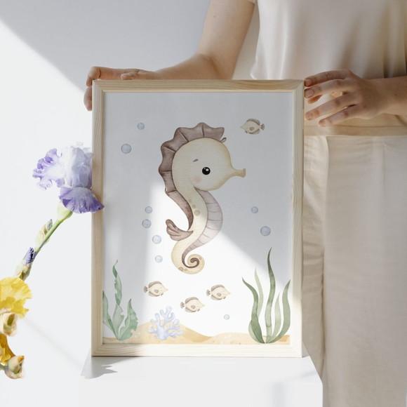 Kit Quadro Fundo do Mar Infantil Quarto de Bebê com Vidro
