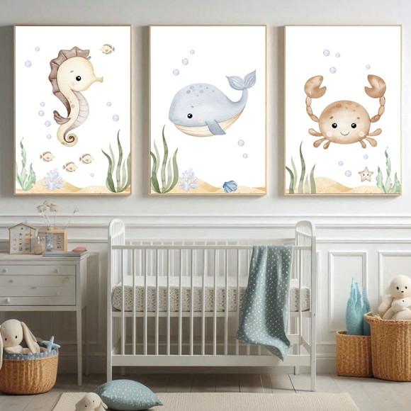 Kit Quadro Fundo do Mar Infantil Quarto de Bebê com Vidro