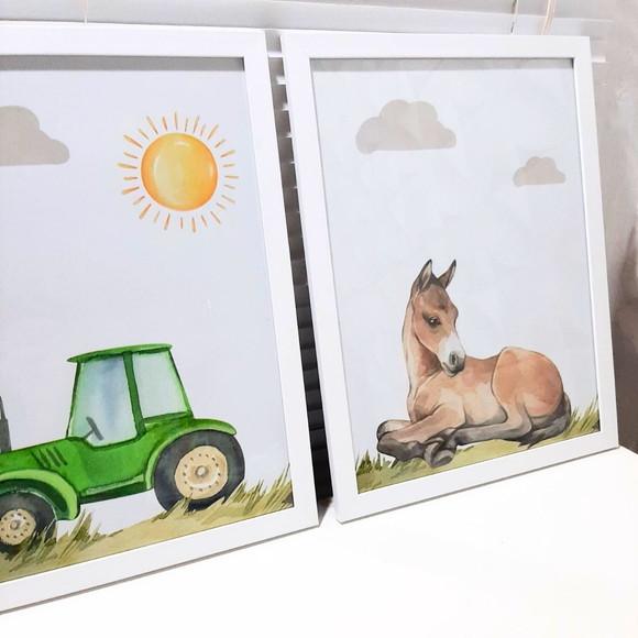 Kit Quadro Grande Fazendinha Trator Aquarela 33x43 cm
