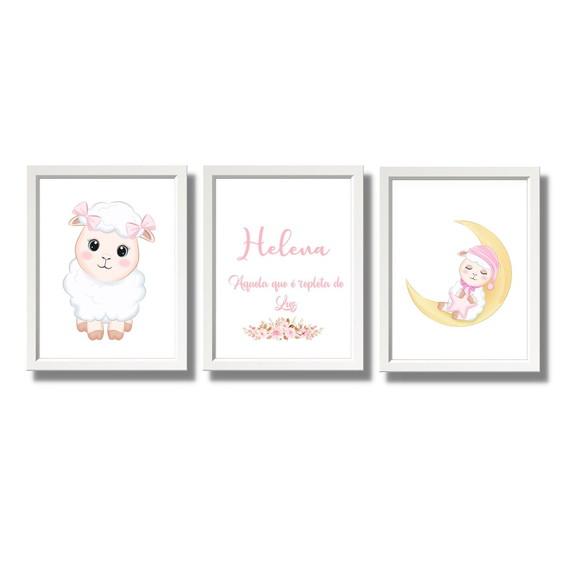 Kit Quadro Grande Ovelhas para Quarto de Bebe com Nome 30x40
