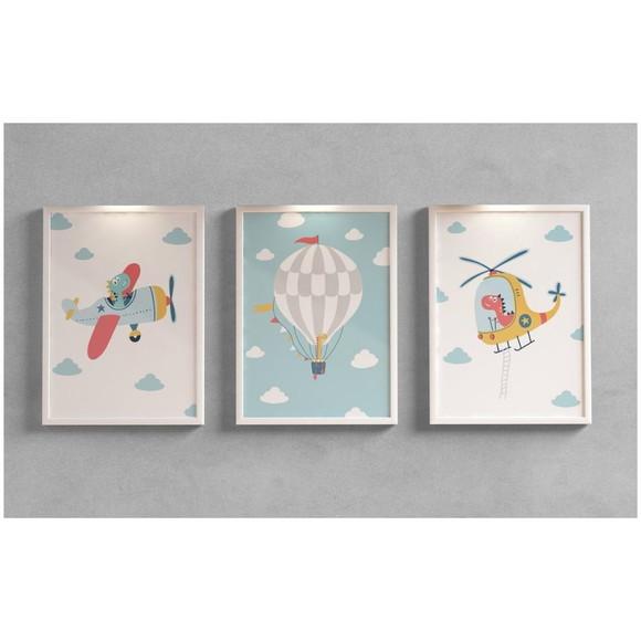 Kit Quadro Infantil Avião Dino Balão com Vidro 23x33 cm