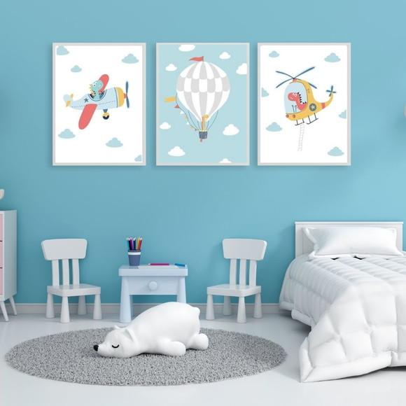 Kit Quadro Infantil Avião Dino Balão com Vidro 23x33 cm