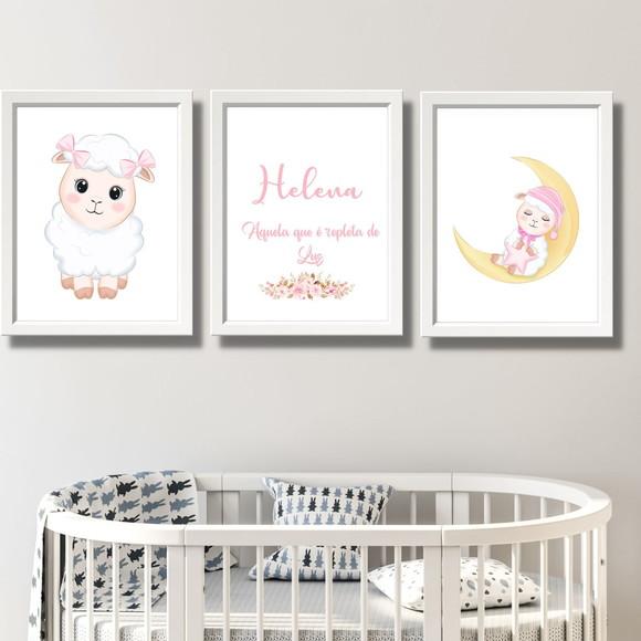 Kit Quadro Infantil Ovelhinha Personalizado c/ Nome 20x30