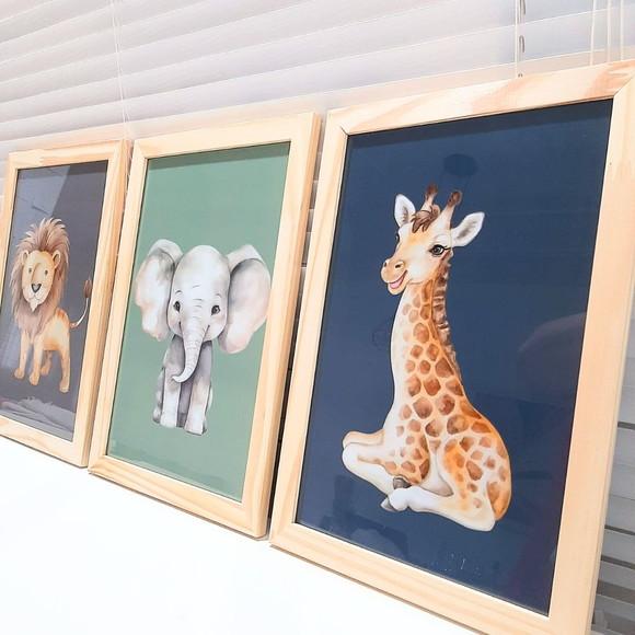 Kit Quadro Infantil Safari Aquarela Moldura com Vidro 23x33