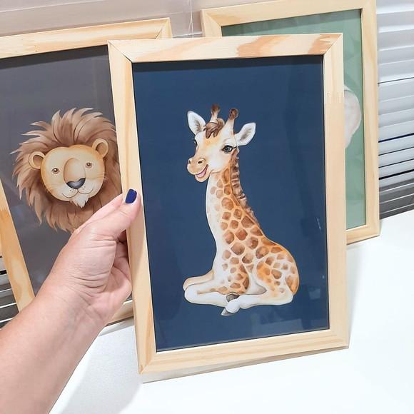Kit Quadro Infantil Safari Aquarela Moldura com Vidro 23x33